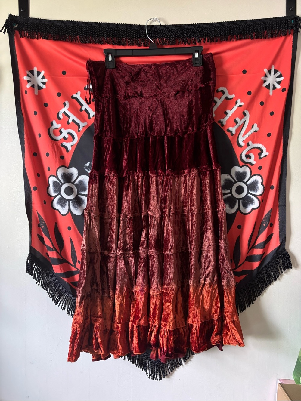 Boho Ombre Velvet Maxi Skirt - Red to Orange